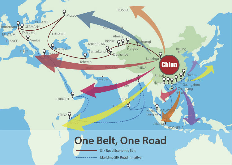 Weltkarte die Chinas Export-Routen zeigt