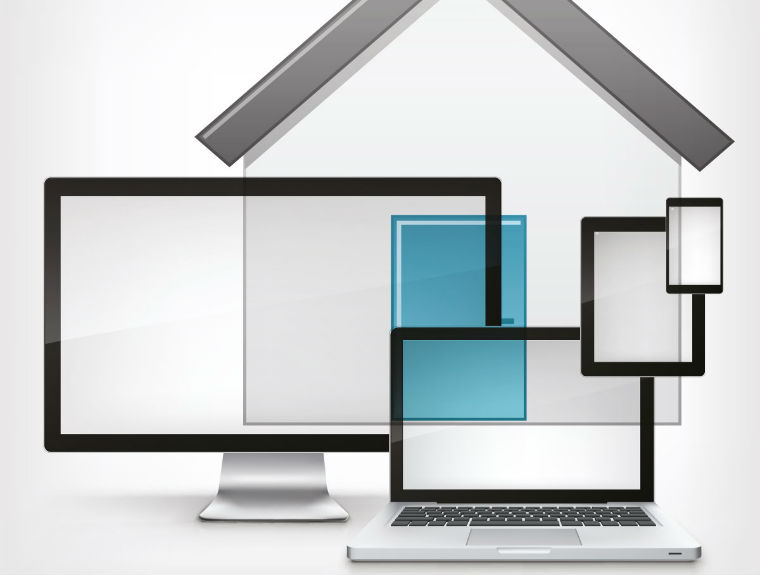Grafik mit PC Laptop und einem Haus für eine Immobiliensoftware.